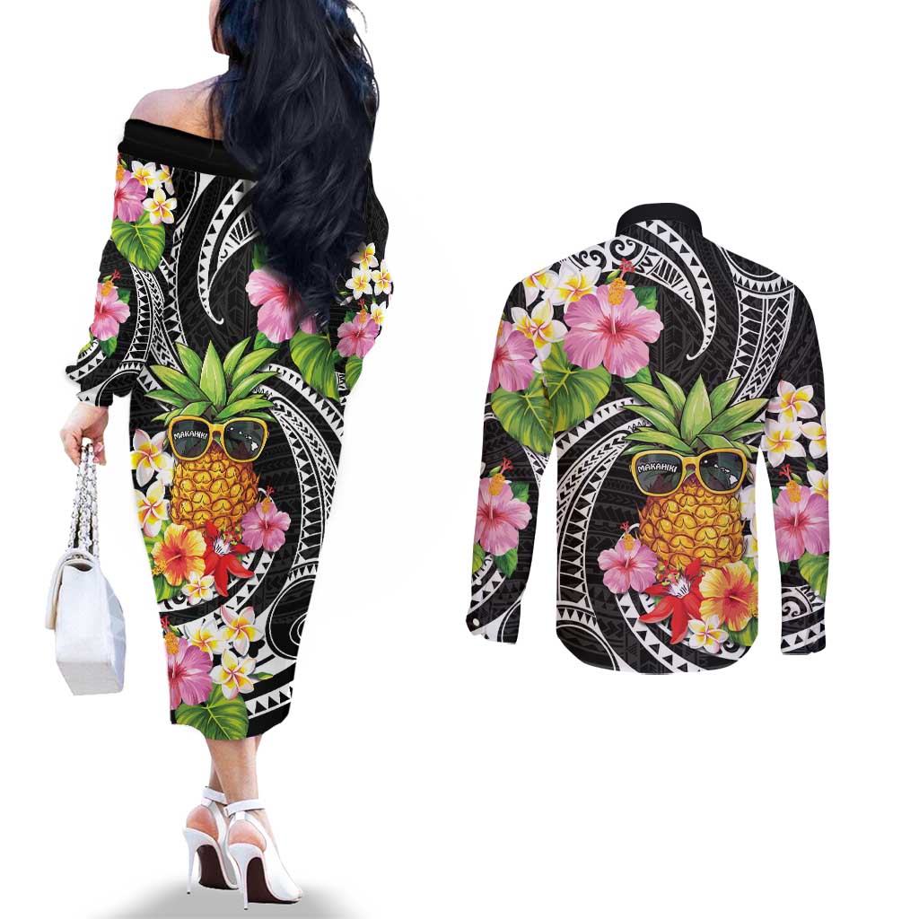Hau'oli Makahiki Hou Couples Matching Off The Shoulder Long Sleeve Dress and Long Sleeve Button Shirt Aloha Pineapple Tropical Vibe