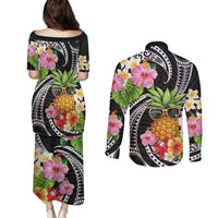 Hau'oli Makahiki Hou Couples Matching Puletasi and Long Sleeve Button Shirt Aloha Pineapple Tropical Vibe