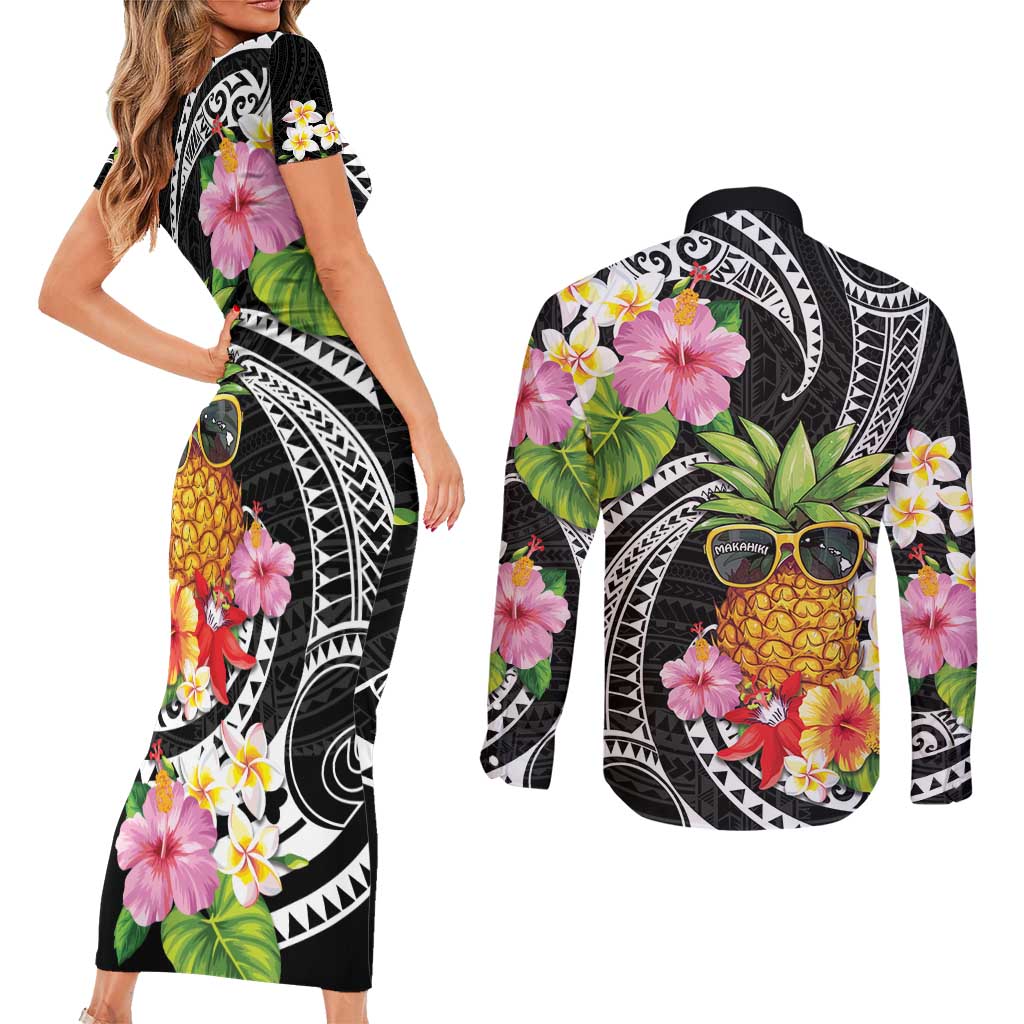 Hau'oli Makahiki Hou Couples Matching Short Sleeve Bodycon Dress and Long Sleeve Button Shirt Aloha Pineapple Tropical Vibe