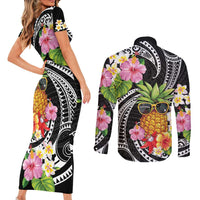 Hau'oli Makahiki Hou Couples Matching Short Sleeve Bodycon Dress and Long Sleeve Button Shirt Aloha Pineapple Tropical Vibe