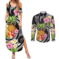 Hau'oli Makahiki Hou Couples Matching Summer Maxi Dress and Long Sleeve Button Shirt Aloha Pineapple Tropical Vibe