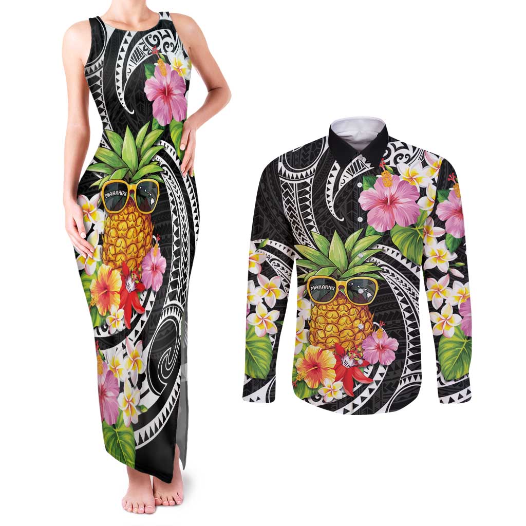 Hau'oli Makahiki Hou Couples Matching Tank Maxi Dress and Long Sleeve Button Shirt Aloha Pineapple Tropical Vibe