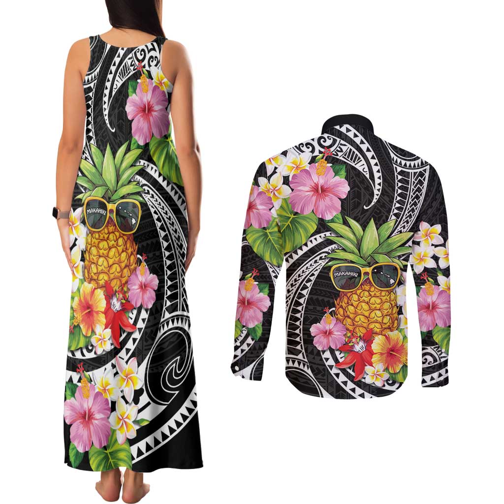 Hau'oli Makahiki Hou Couples Matching Tank Maxi Dress and Long Sleeve Button Shirt Aloha Pineapple Tropical Vibe