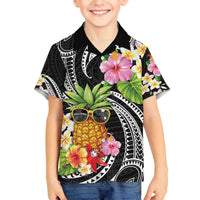 Hau'oli Makahiki Hou Family Matching Off The Shoulder Long Sleeve Dress and Hawaiian Shirt Aloha Pineapple Tropical Vibe LT9 Son's Shirt Black - Polynesian Pride