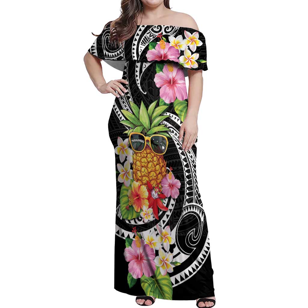 Hau'oli Makahiki Hou Off Shoulder Maxi Dress Aloha Pineapple Tropical Vibe LT9 Women Black - Polynesian Pride
