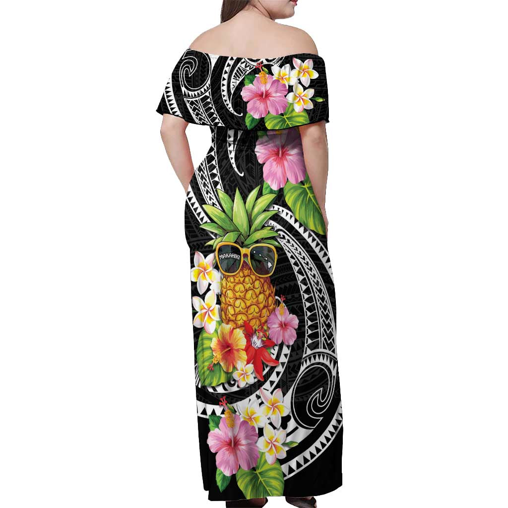 Hau'oli Makahiki Hou Off Shoulder Maxi Dress Aloha Pineapple Tropical Vibe LT9 - Polynesian Pride