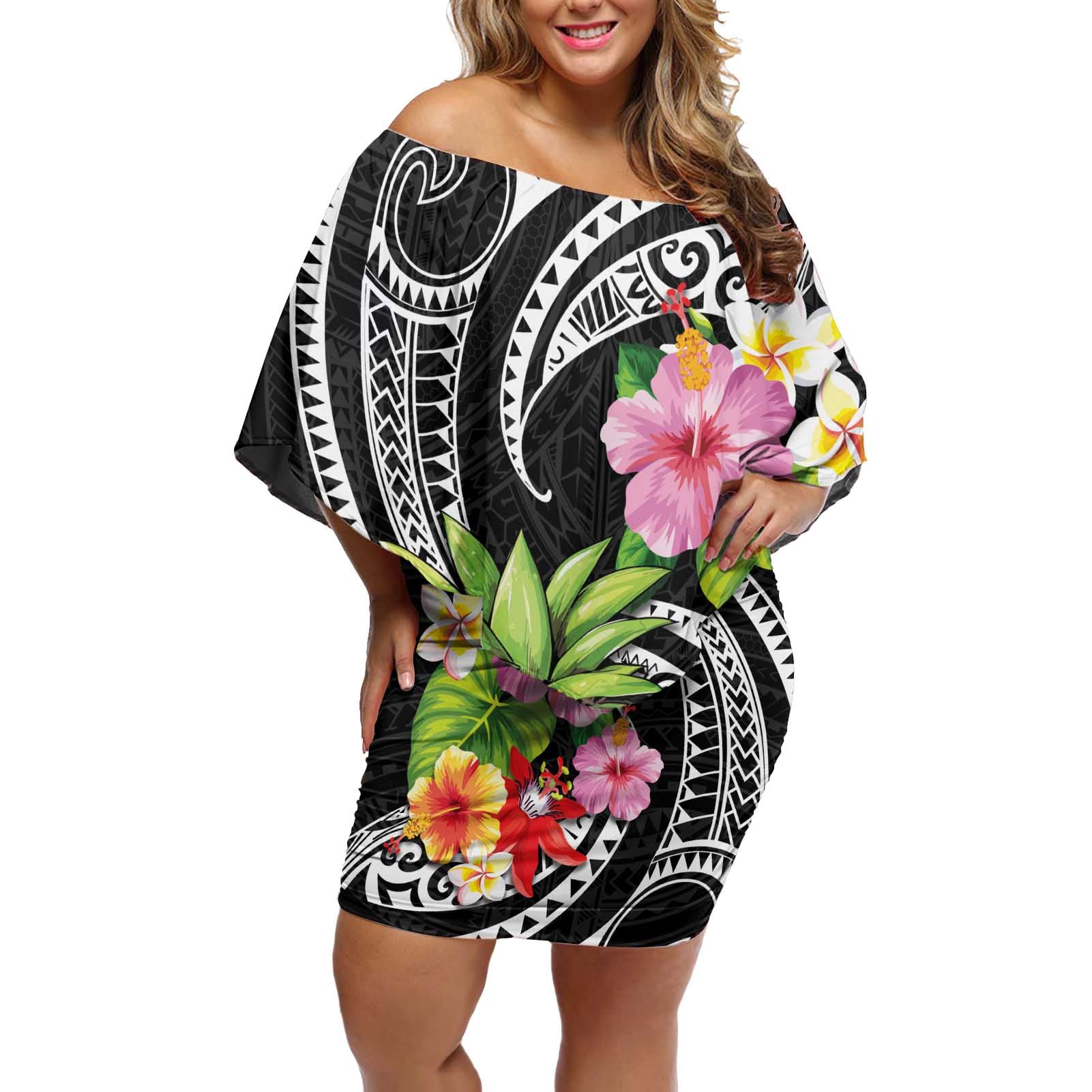 Hau'oli Makahiki Hou Off Shoulder Short Dress Aloha Pineapple Tropical Vibe