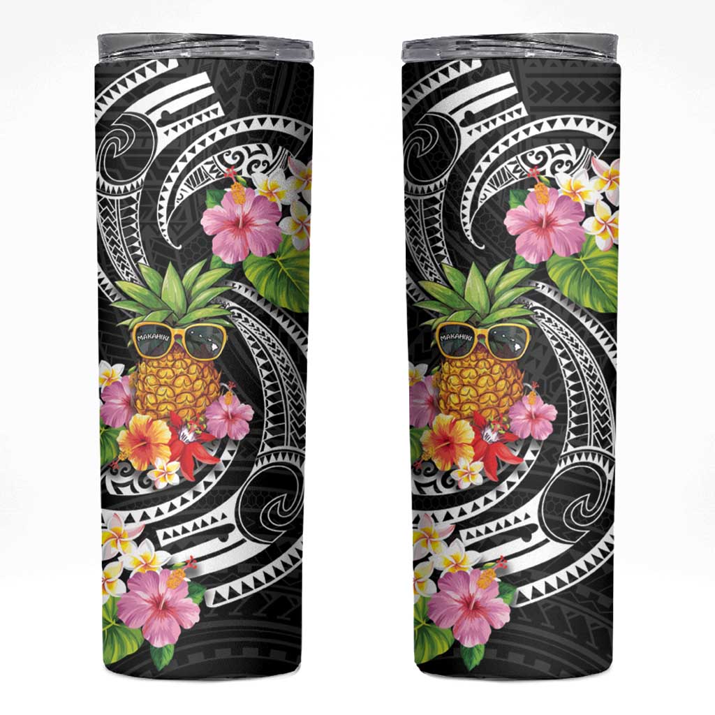 Hau'oli Makahiki Hou Skinny Tumbler Aloha Pineapple Tropical Vibe LT9 Black - Polynesian Pride