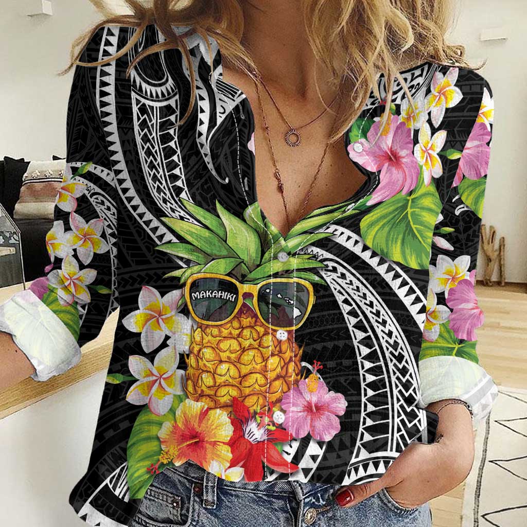 Hau'oli Makahiki Hou Women Casual Shirt Aloha Pineapple Tropical Vibe LT9 Female Black - Polynesian Pride