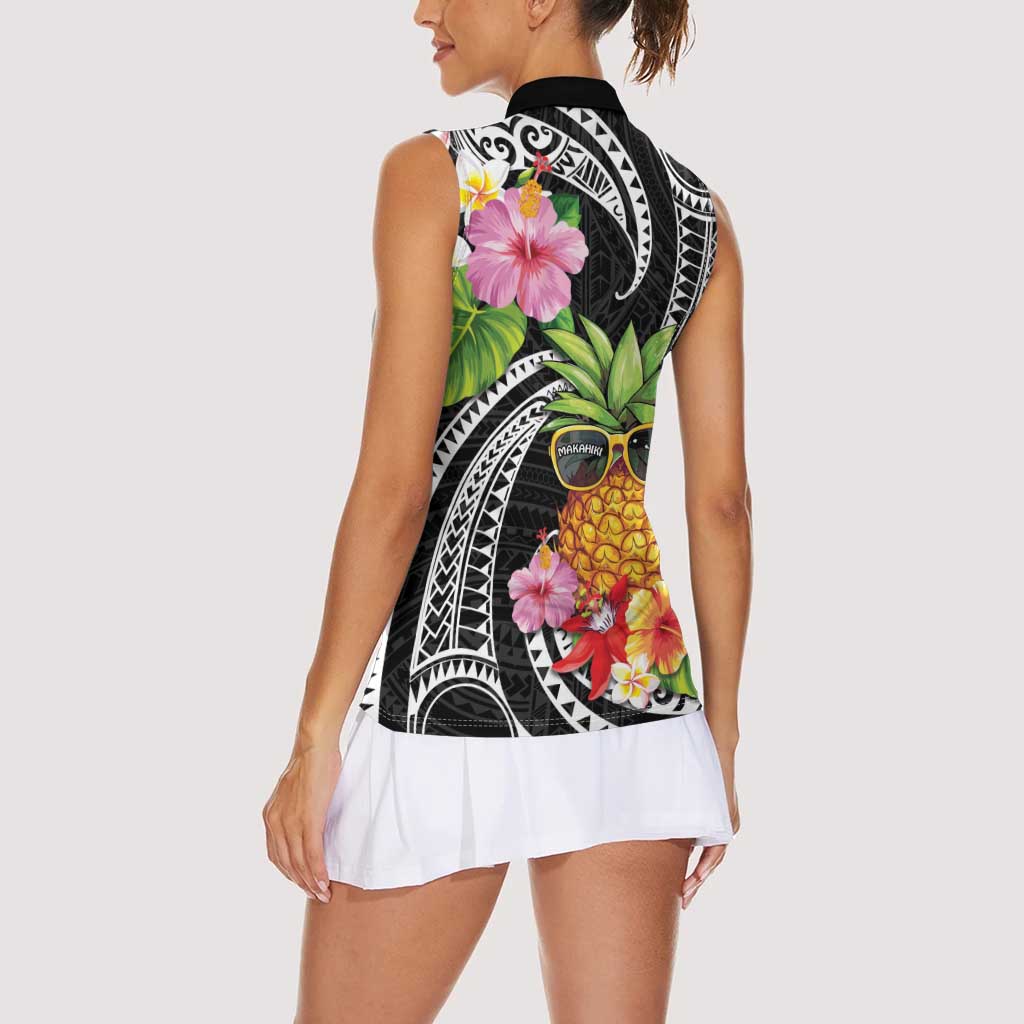 Hau'oli Makahiki Hou Women Sleeveless Polo Shirt Aloha Pineapple Tropical Vibe LT9 - Polynesian Pride