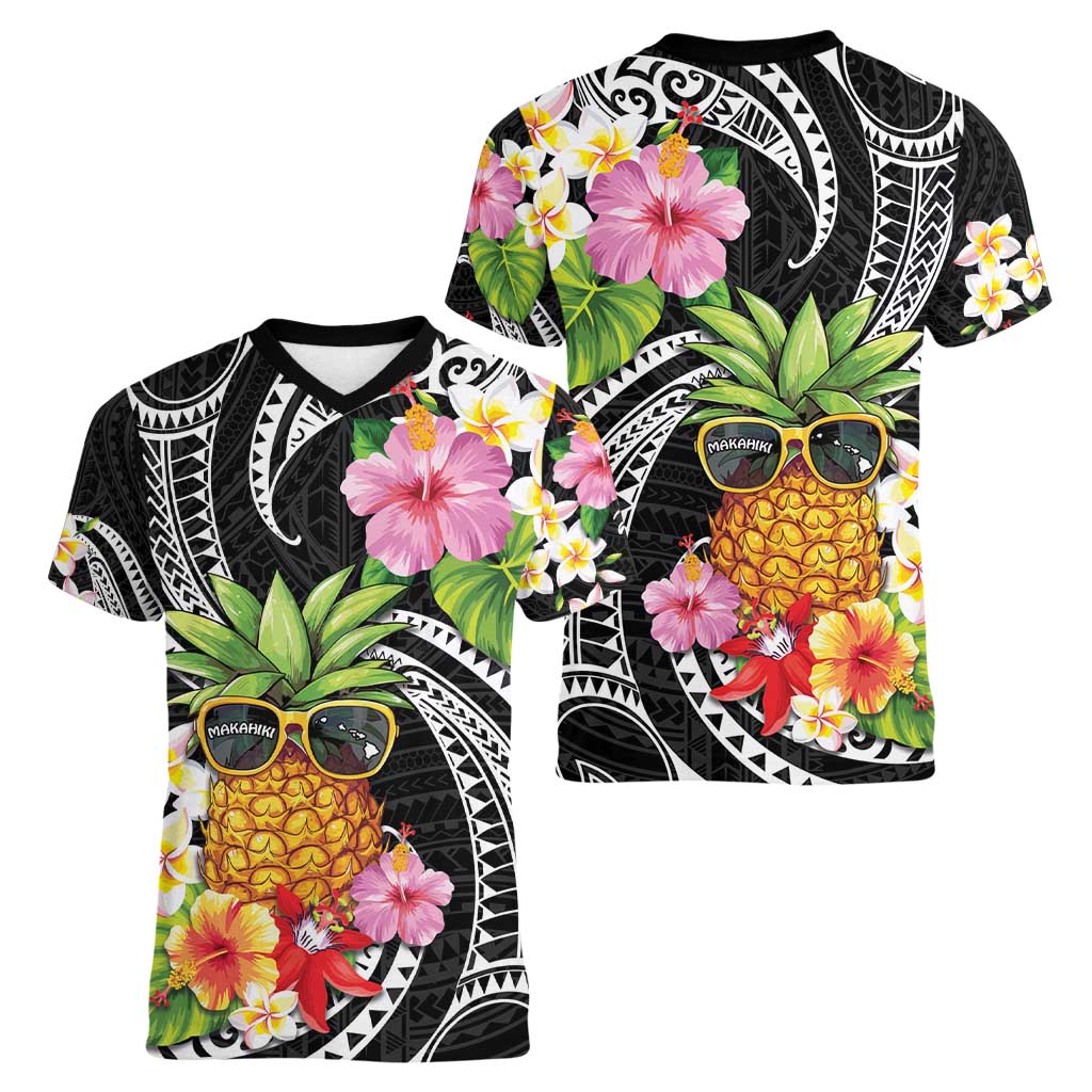 Hau'oli Makahiki Hou Women V-Neck T-Shirt Aloha Pineapple Tropical Vibe LT9 - Polynesian Pride