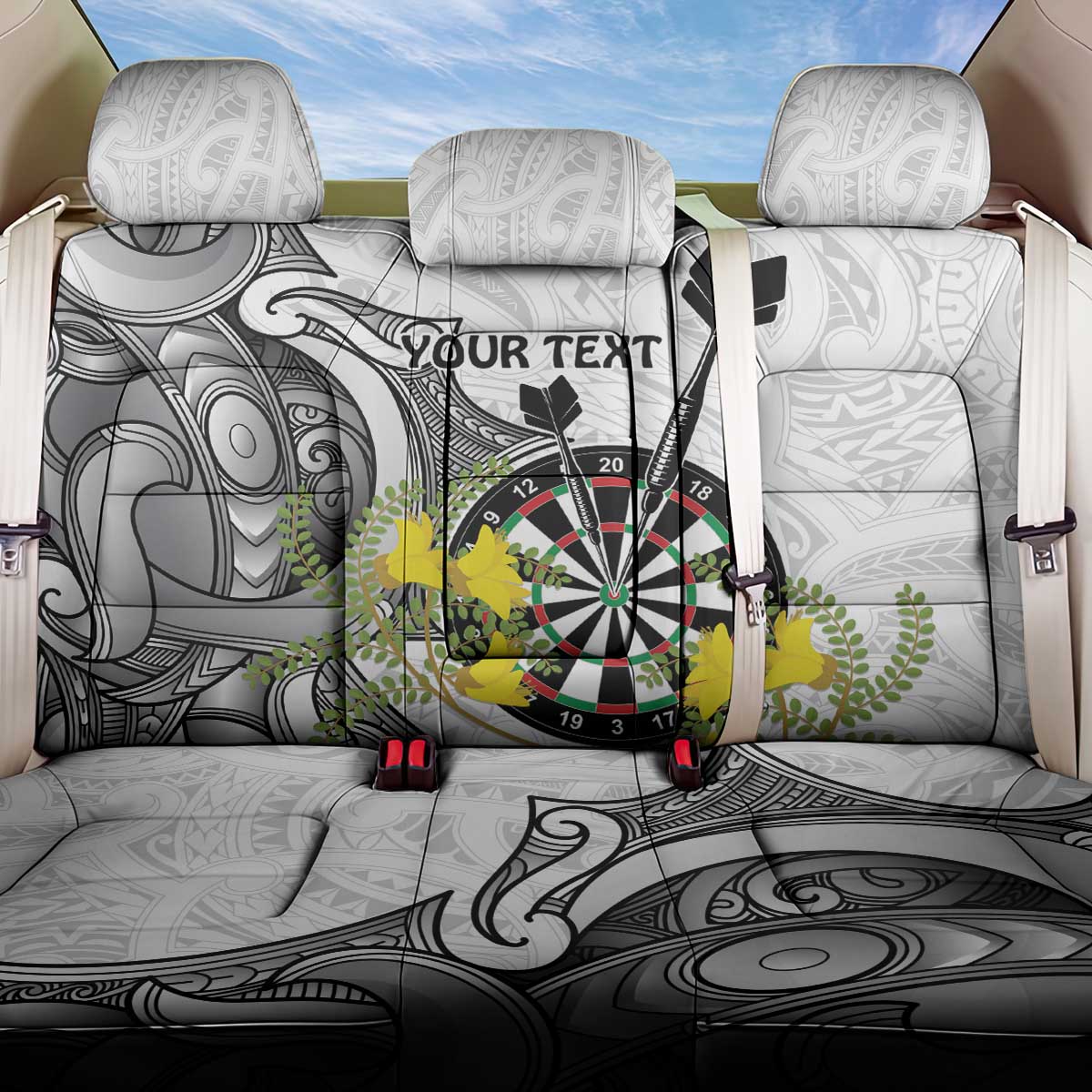 Personalised New Zealand Darts Back Car Seat Cover Kowhai Floral with Maori Tattoo