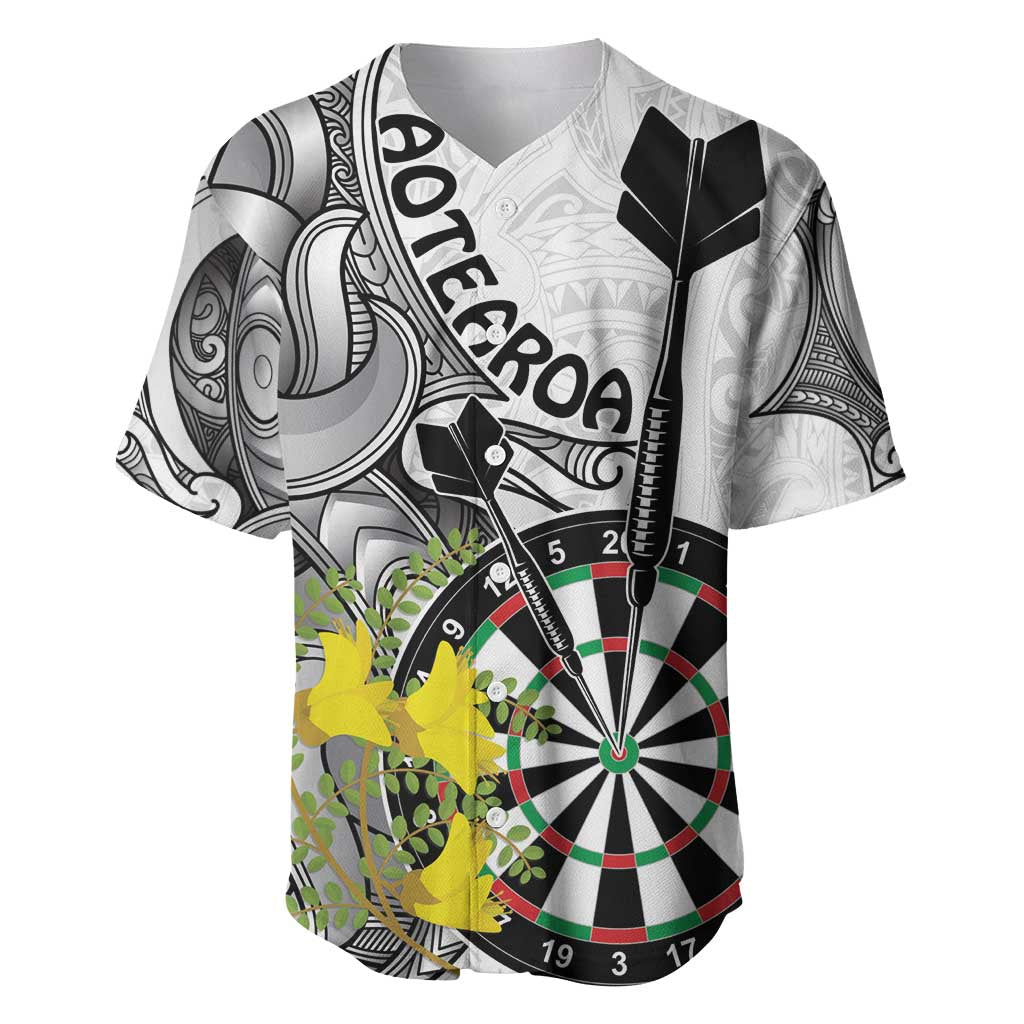 Personalised New Zealand Darts Baseball Jersey Kowhai Floral with Maori Tattoo LT9 Black - Polynesian Pride