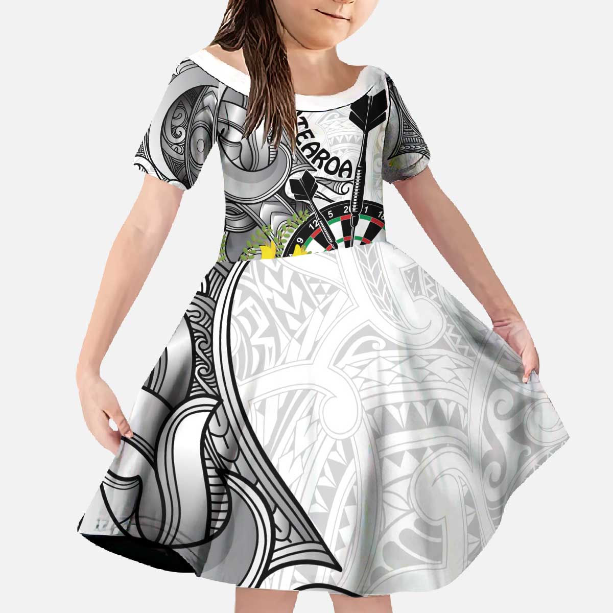 Personalised New Zealand Darts Family Matching Off The Shoulder Long Sleeve Dress and Hawaiian Shirt Kowhai Floral with Maori Tattoo LT9 Daughter's Dress Black - Polynesian Pride