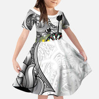 Personalised New Zealand Darts Family Matching Off The Shoulder Long Sleeve Dress and Hawaiian Shirt Kowhai Floral with Maori Tattoo LT9 Daughter's Dress Black - Polynesian Pride