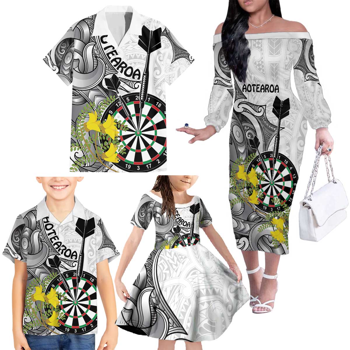 Personalised New Zealand Darts Family Matching Off The Shoulder Long Sleeve Dress and Hawaiian Shirt Kowhai Floral with Maori Tattoo LT9 - Polynesian Pride