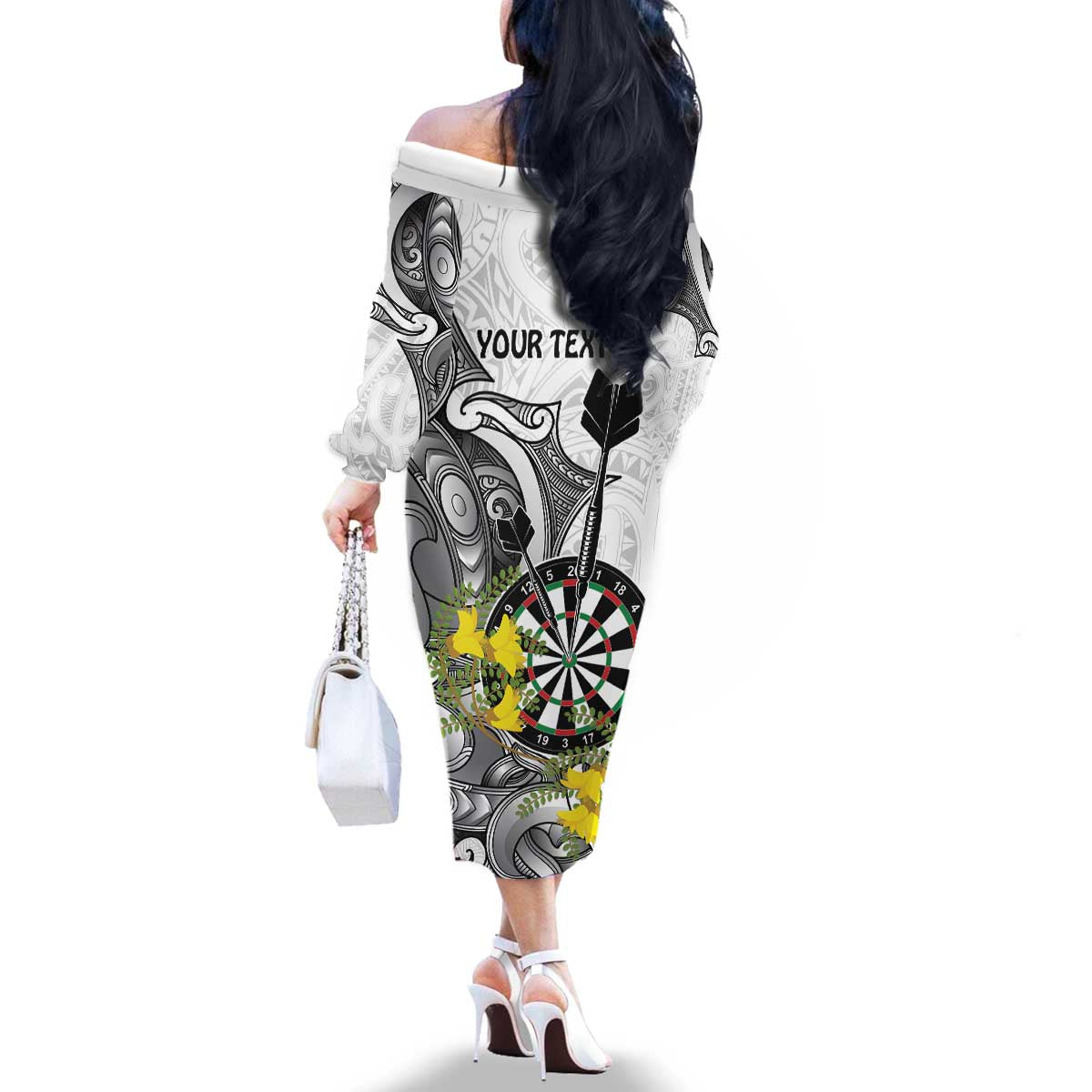 Personalised New Zealand Darts Family Matching Off The Shoulder Long Sleeve Dress and Hawaiian Shirt Kowhai Floral with Maori Tattoo LT9 - Polynesian Pride