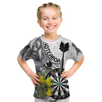 Personalised New Zealand Darts Kid T Shirt Kowhai Floral with Maori Tattoo LT9 Black - Polynesian Pride