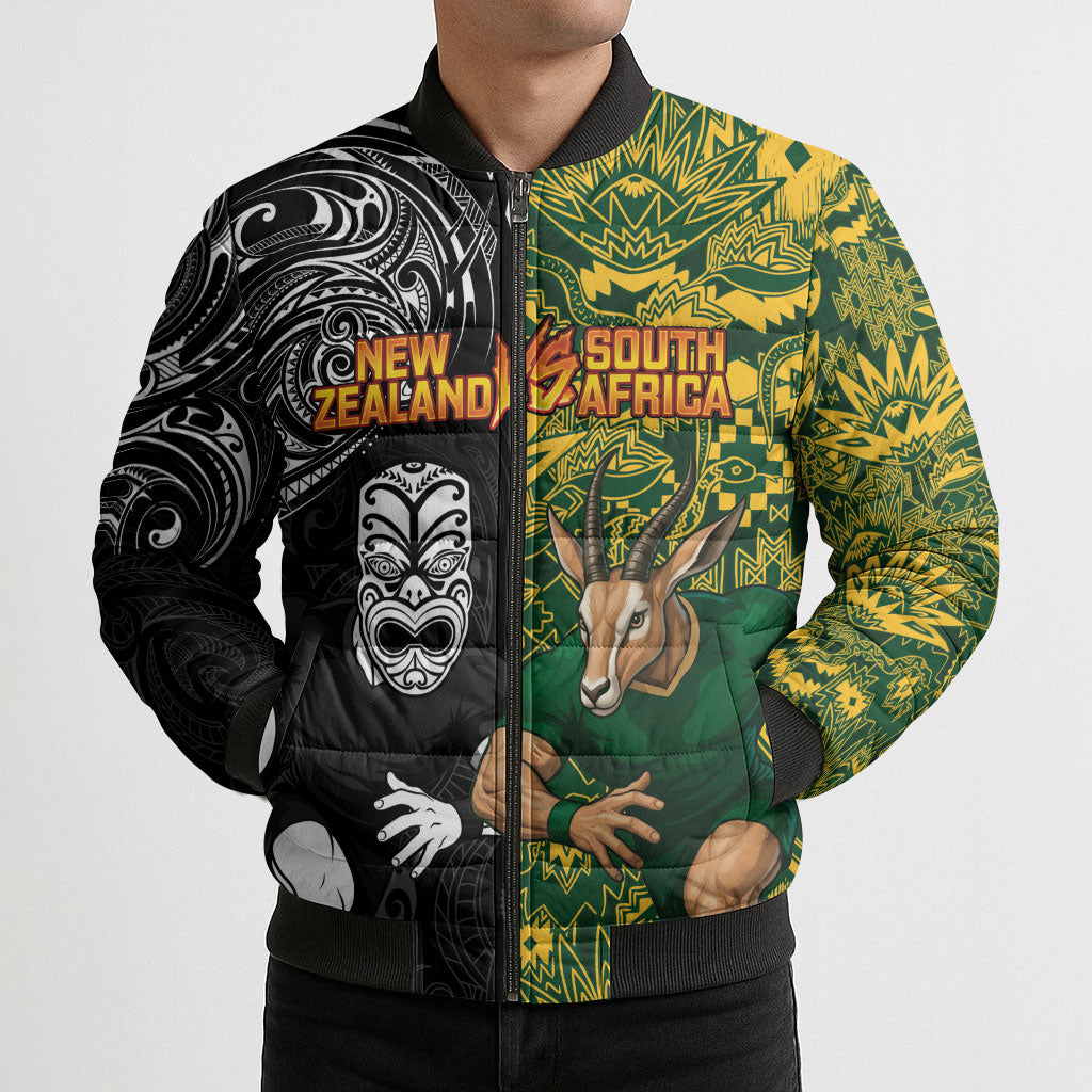 Custom New Zealand vs South Africa Bomber Puffer Jacket Rugby Rivalry Two Nations One Battle