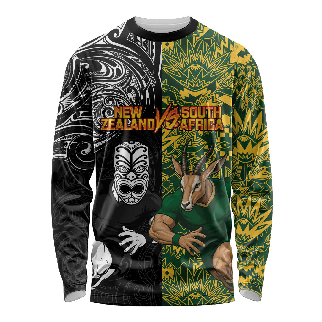 Custom New Zealand vs South Africa Long Sleeve Shirt Rugby Rivalry Two Nations One Battle