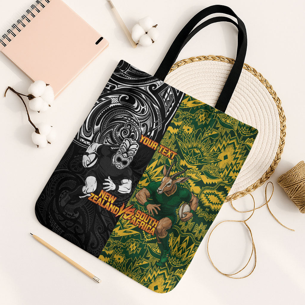 Custom New Zealand vs South Africa Tote Bag Rugby Rivalry Two Nations One Battle