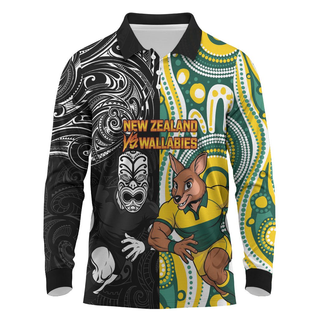 Custom Australia vs New Zealand Long Sleeve Polo Shirt Rugby Rivalry Two Nations One Battle