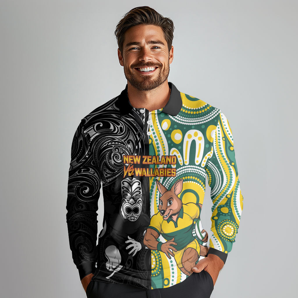 Custom Australia vs New Zealand Long Sleeve Polo Shirt Rugby Rivalry Two Nations One Battle