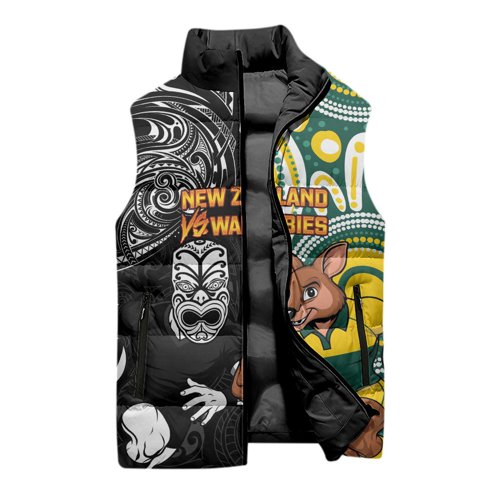 Custom Australia vs New Zealand Sleeveless Puffer Jacket Rugby Rivalry Two Nations One Battle