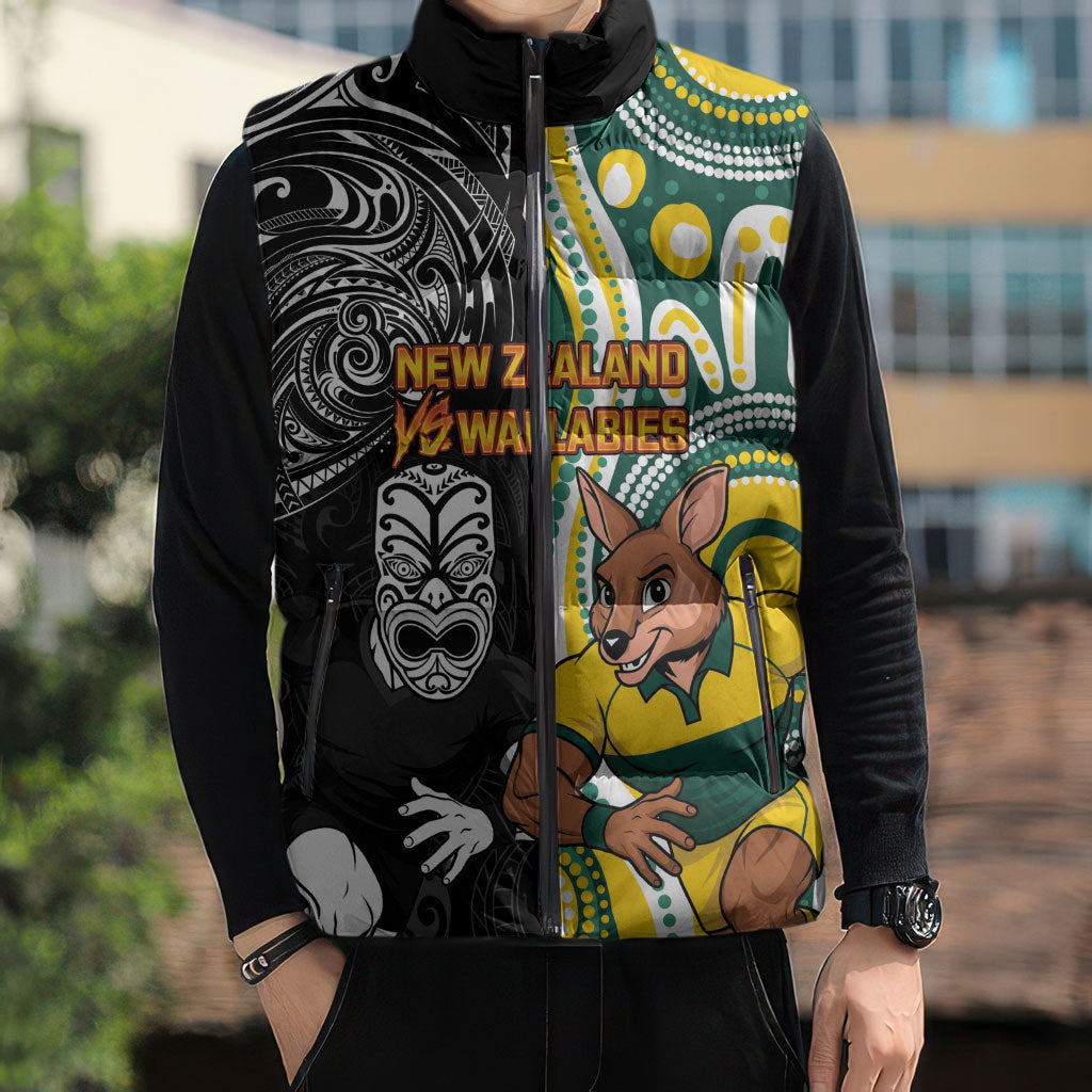 Custom Australia vs New Zealand Sleeveless Puffer Jacket Rugby Rivalry Two Nations One Battle
