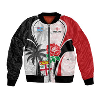 Custom Fiji England Rugby Bomber Jacket Tapa Pattern and Rose Flower World Cup 2023 LT9 Unisex White - Polynesian Pride