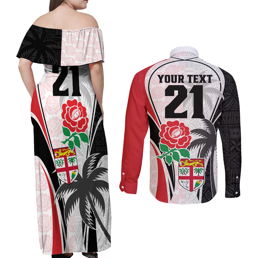 Custom Fiji England Rugby Couples Matching Off Shoulder Maxi Dress and Long Sleeve Button Shirts Tapa Pattern and Rose Flower World Cup 2023 LT9 - Polynesian Pride