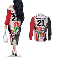 Custom Fiji England Rugby Couples Matching Off The Shoulder Long Sleeve Dress and Long Sleeve Button Shirts Tapa Pattern and Rose Flower World Cup 2023 LT9 - Polynesian Pride