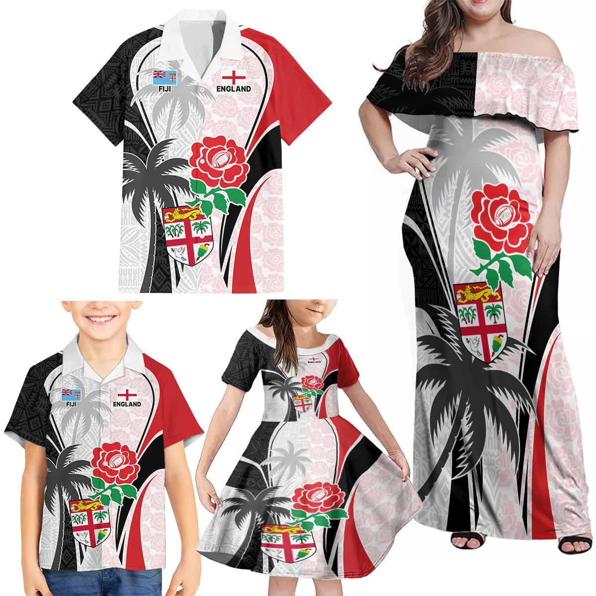 Custom Fiji England Rugby Family Matching Off Shoulder Maxi Dress and Hawaiian Shirt Tapa Pattern and Rose Flower World Cup 2023 LT9 - Polynesian Pride