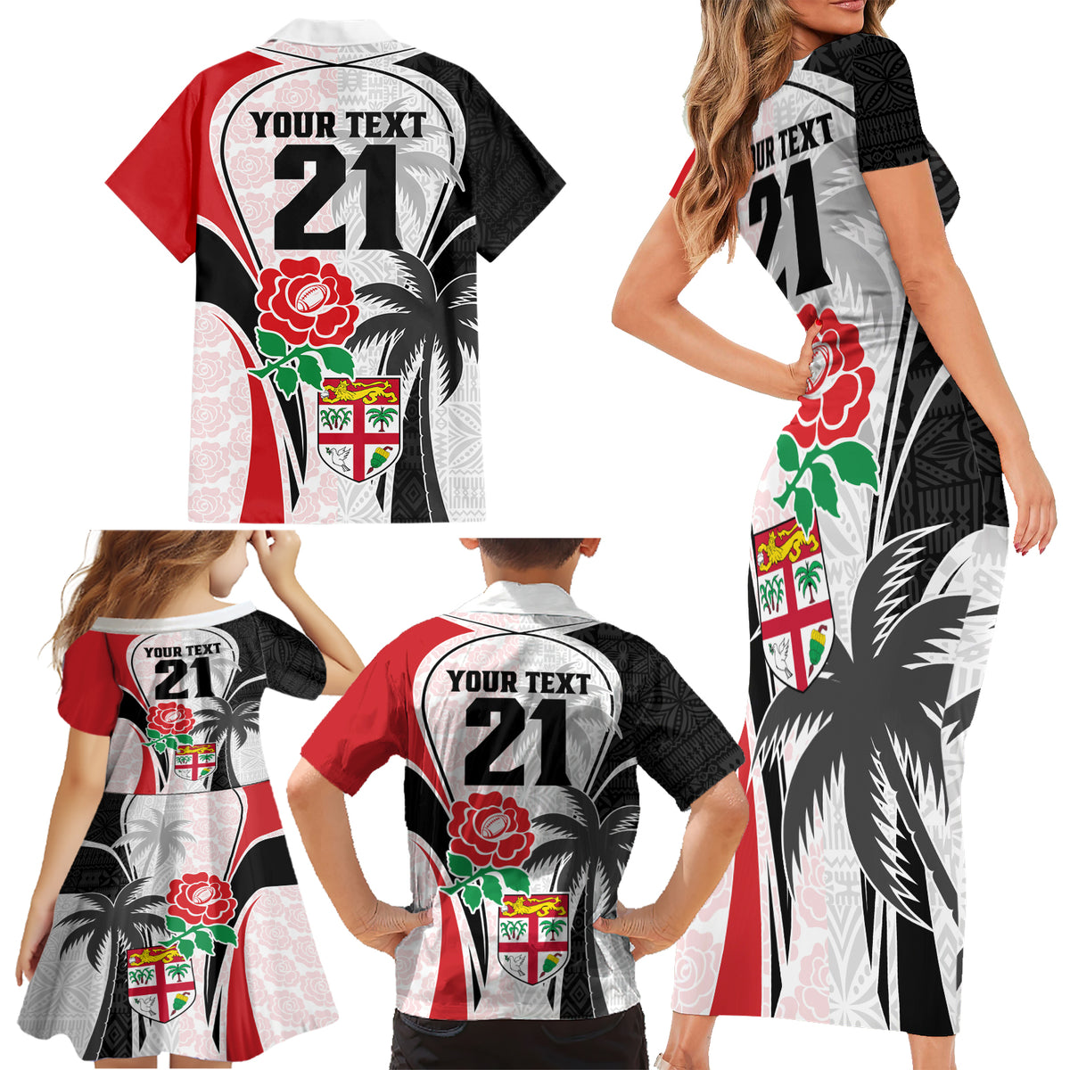 Custom Fiji England Rugby Family Matching Short Sleeve Bodycon Dress and Hawaiian Shirt Tapa Pattern and Rose Flower World Cup 2023 LT9 - Polynesian Pride
