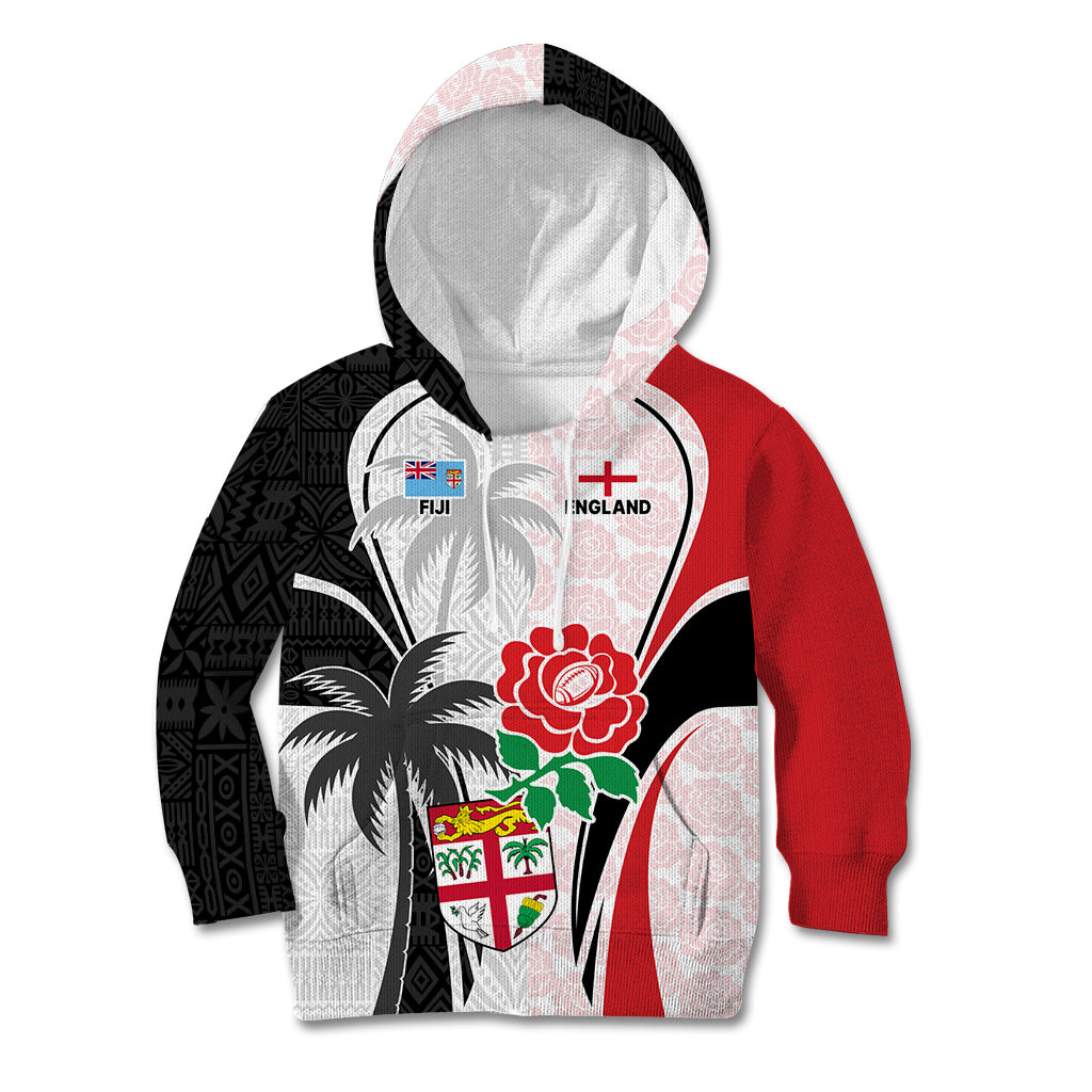 Custom Fiji England Rugby Kid Hoodie Tapa Pattern and Rose Flower World Cup 2023 LT9 White - Polynesian Pride