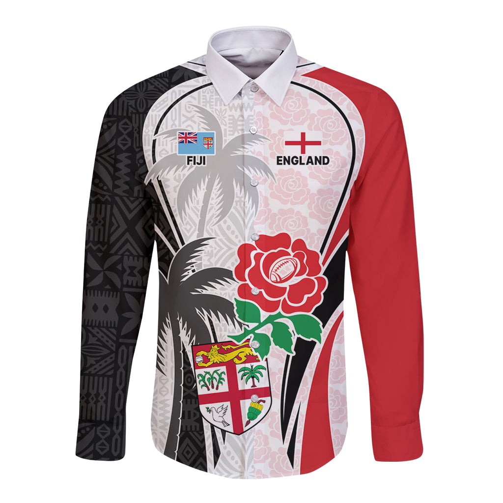 Custom Fiji England Rugby Long Sleeve Button Shirt Tapa Pattern and Rose Flower World Cup 2023 LT9 Unisex White - Polynesian Pride