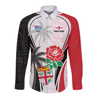 Custom Fiji England Rugby Long Sleeve Button Shirt Tapa Pattern and Rose Flower World Cup 2023 LT9 Unisex White - Polynesian Pride