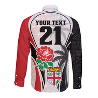 Custom Fiji England Rugby Long Sleeve Button Shirt Tapa Pattern and Rose Flower World Cup 2023 LT9 - Polynesian Pride
