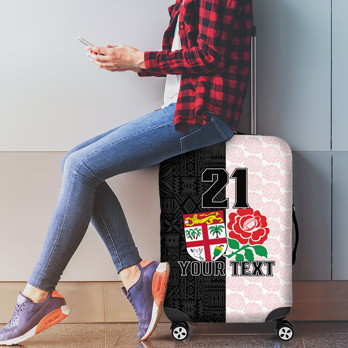 Custom Fiji England Rugby Luggage Cover Tapa Pattern and Rose Flower World Cup 2023 LT9 - Polynesian Pride