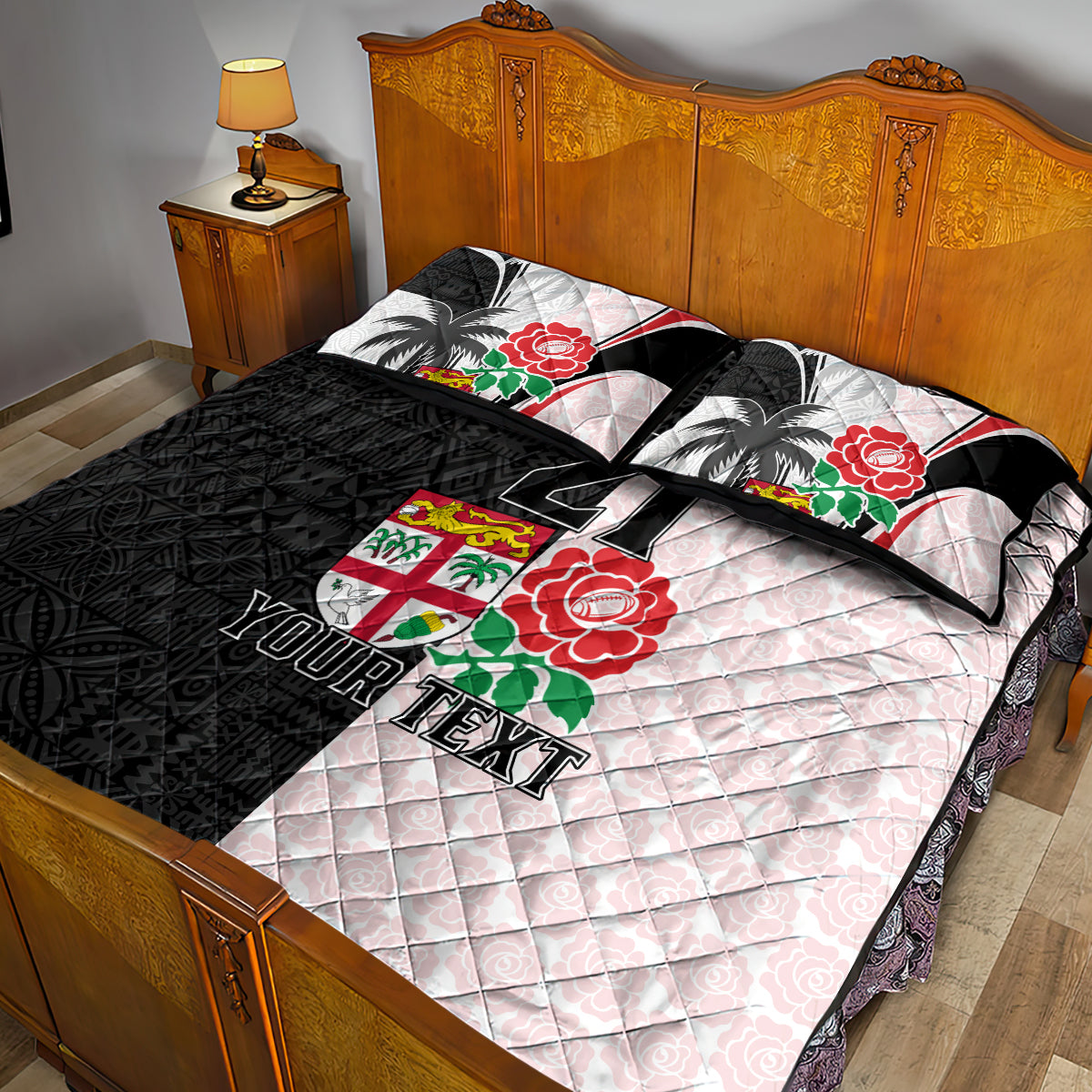 Custom Fiji England Rugby Quilt Bed Set Tapa Pattern and Rose Flower World Cup 2023 LT9 - Polynesian Pride
