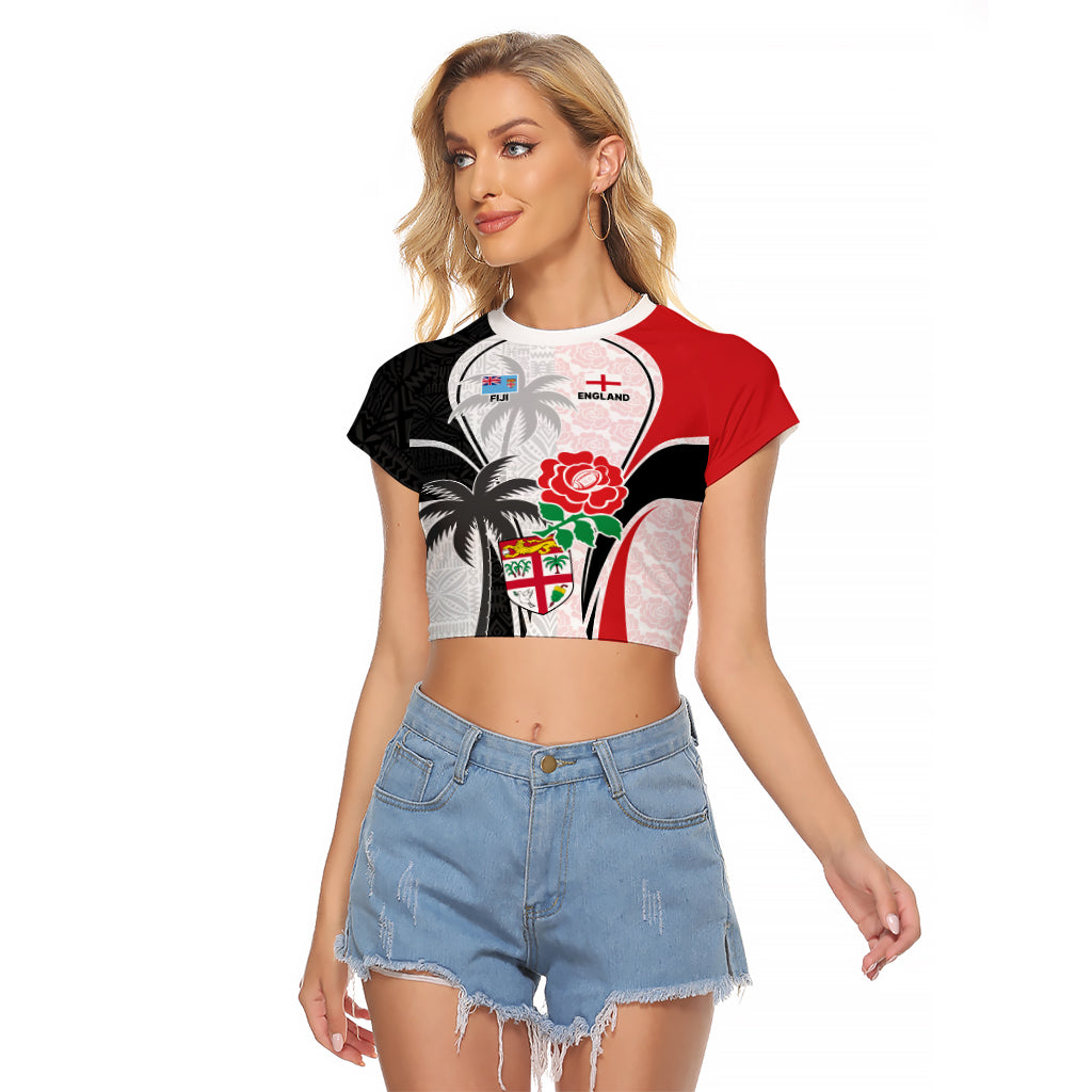 Custom Fiji England Rugby Raglan Cropped T Shirt Tapa Pattern and Rose Flower World Cup 2023 LT9 Female White - Polynesian Pride