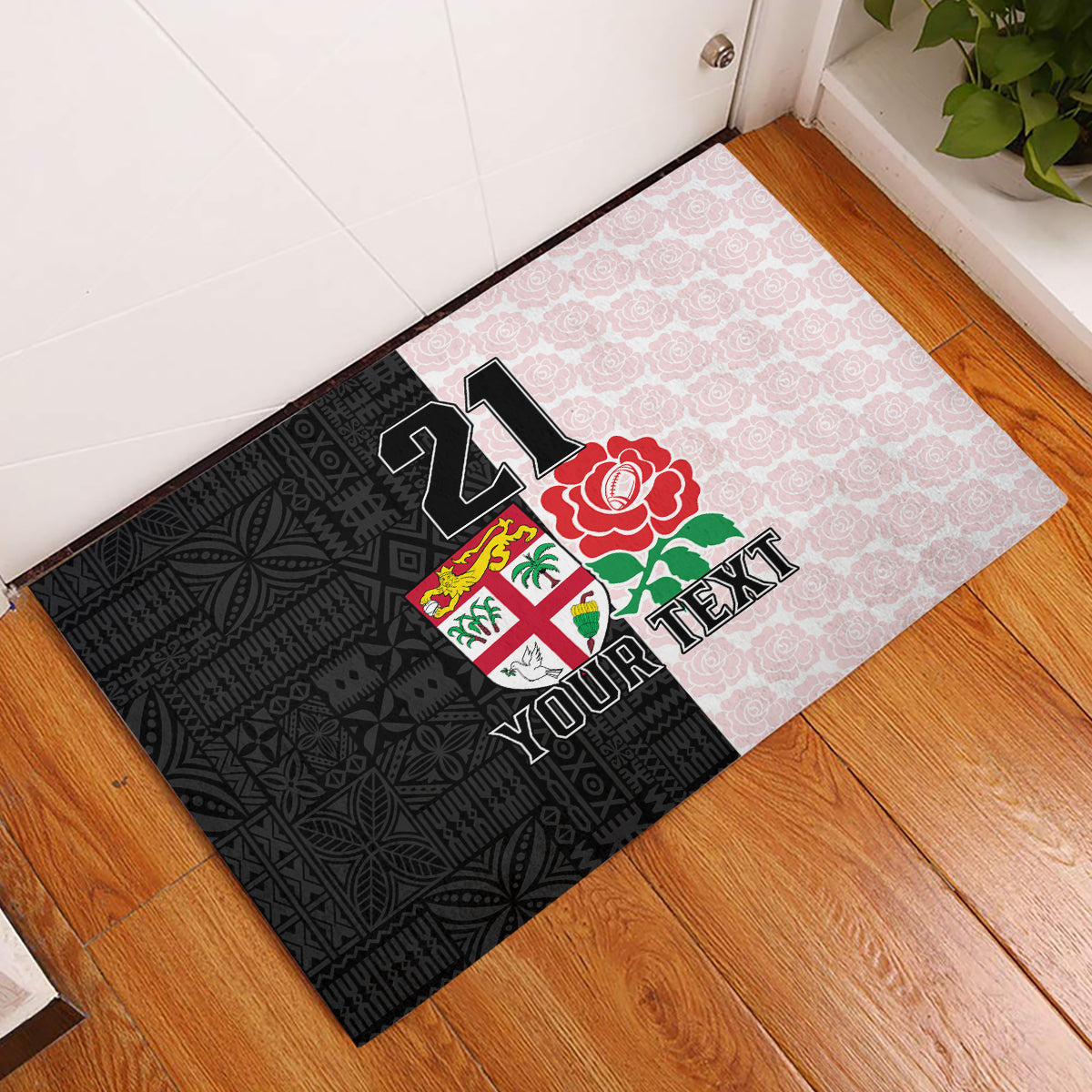 Custom Fiji England Rugby Rubber Doormat Tapa Pattern and Rose Flower World Cup 2023 LT9 White - Polynesian Pride