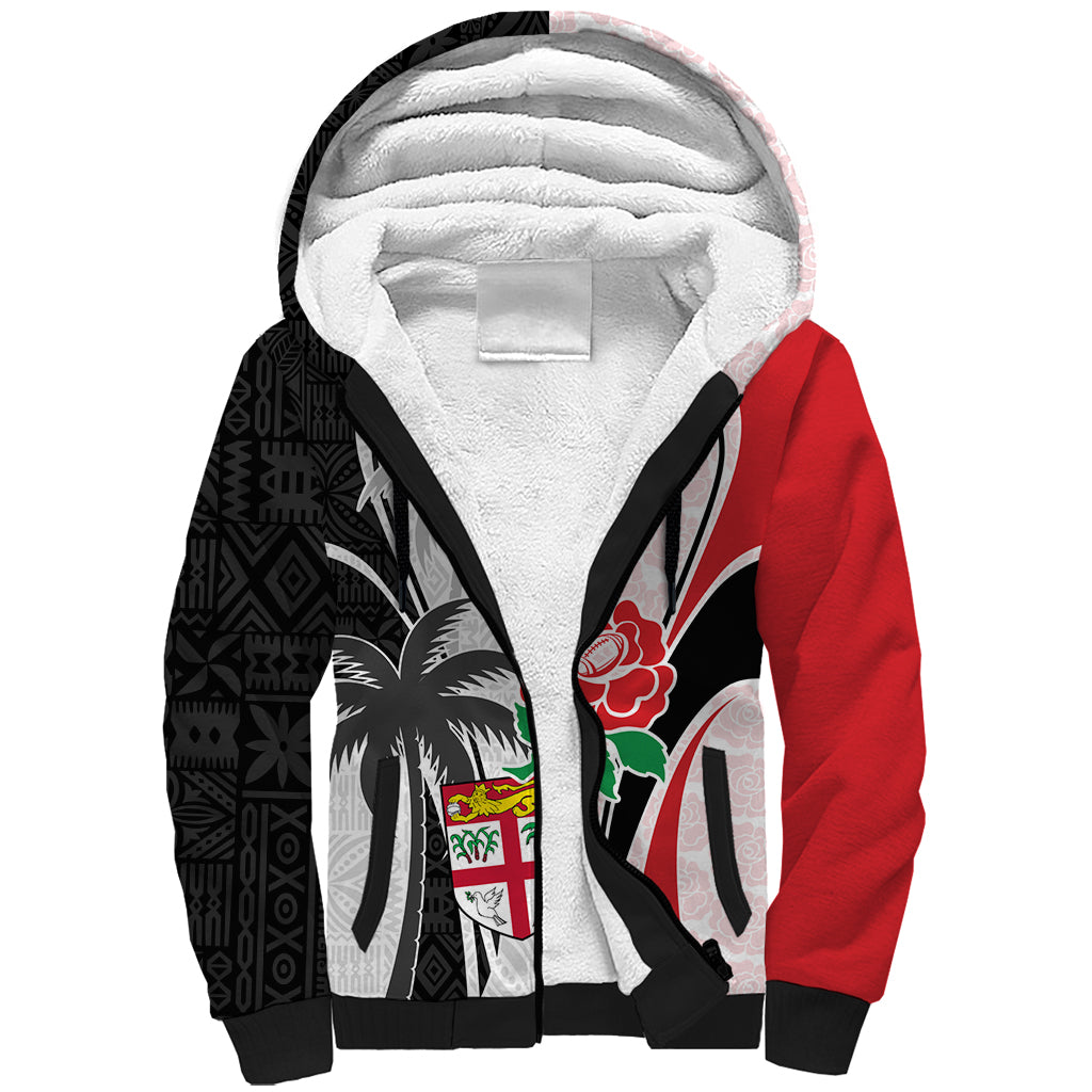 Custom Fiji England Rugby Sherpa Hoodie Tapa Pattern and Rose Flower World Cup 2023 LT9 Unisex White - Polynesian Pride