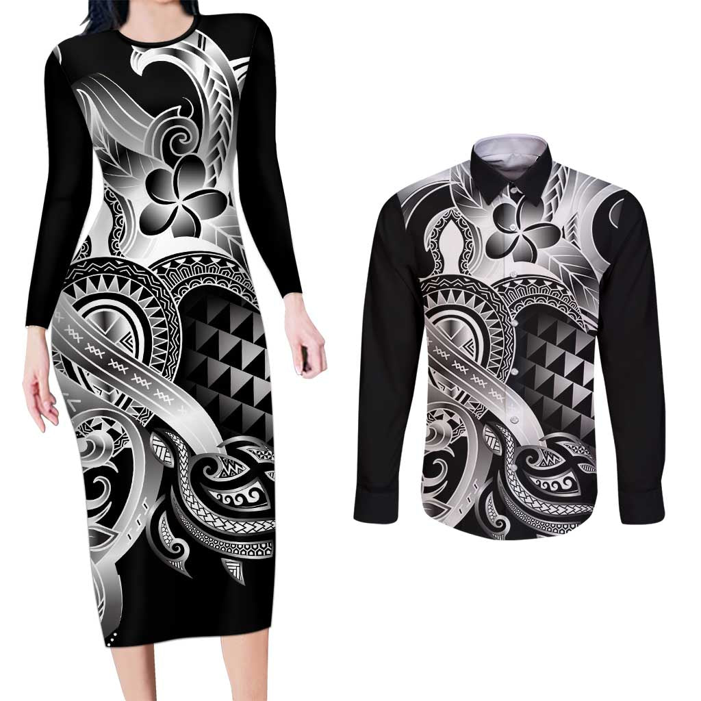 Aloha Black Tribal Honu Tattoo Couples Matching Long Sleeve Bodycon Dress and Long Sleeve Button Shirt