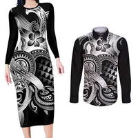 Aloha Black Tribal Honu Tattoo Couples Matching Long Sleeve Bodycon Dress and Long Sleeve Button Shirt