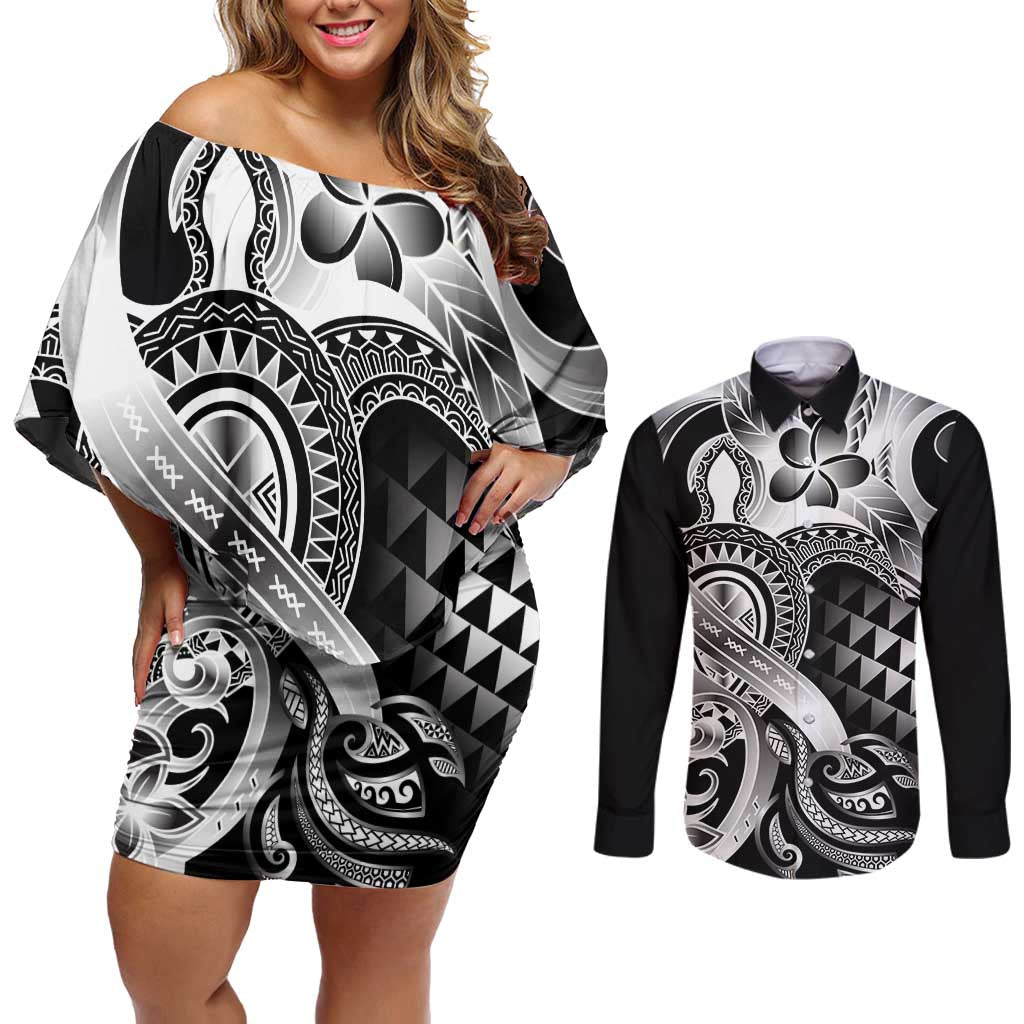 Aloha Black Tribal Honu Tattoo Couples Matching Off Shoulder Short Dress and Long Sleeve Button Shirt