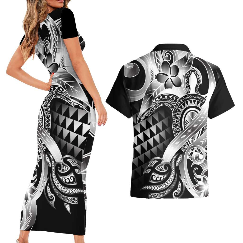Aloha Black Tribal Honu Tattoo Couples Matching Short Sleeve Bodycon Dress and Hawaiian Shirt