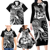 Aloha Black Tribal Honu Tattoo Family Matching Long Sleeve Bodycon Dress and Hawaiian Shirt