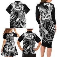 Aloha Black Tribal Honu Tattoo Family Matching Long Sleeve Bodycon Dress and Hawaiian Shirt