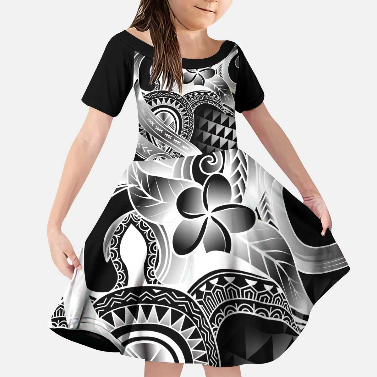 Aloha Black Tribal Honu Tattoo Kid Short Sleeve Dress LT9 KID Black - Polynesian Pride